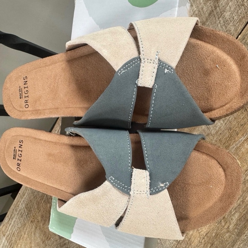Earth Origins Lexi suede cream blue slide sandals cushion cork nib 8 - Picture 2 of 5